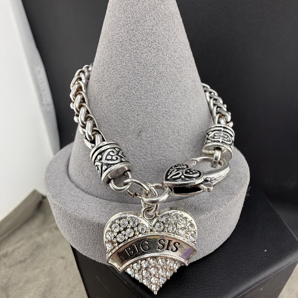 Estate Charm Bracelet Silver Tone Heart Big Sis Rhinestone Dangle 7.5"